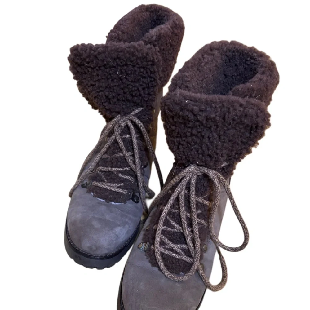 UGG Australia Brown Fraser Stout Shearling Combat Leather Lace-Up Winter Boots 7